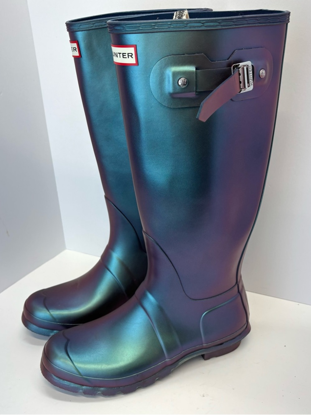 Hunter Nebula Rain Boots Size 10 Features Two Tone Blue Iridescent Finish Spring - Picture 5 of 9